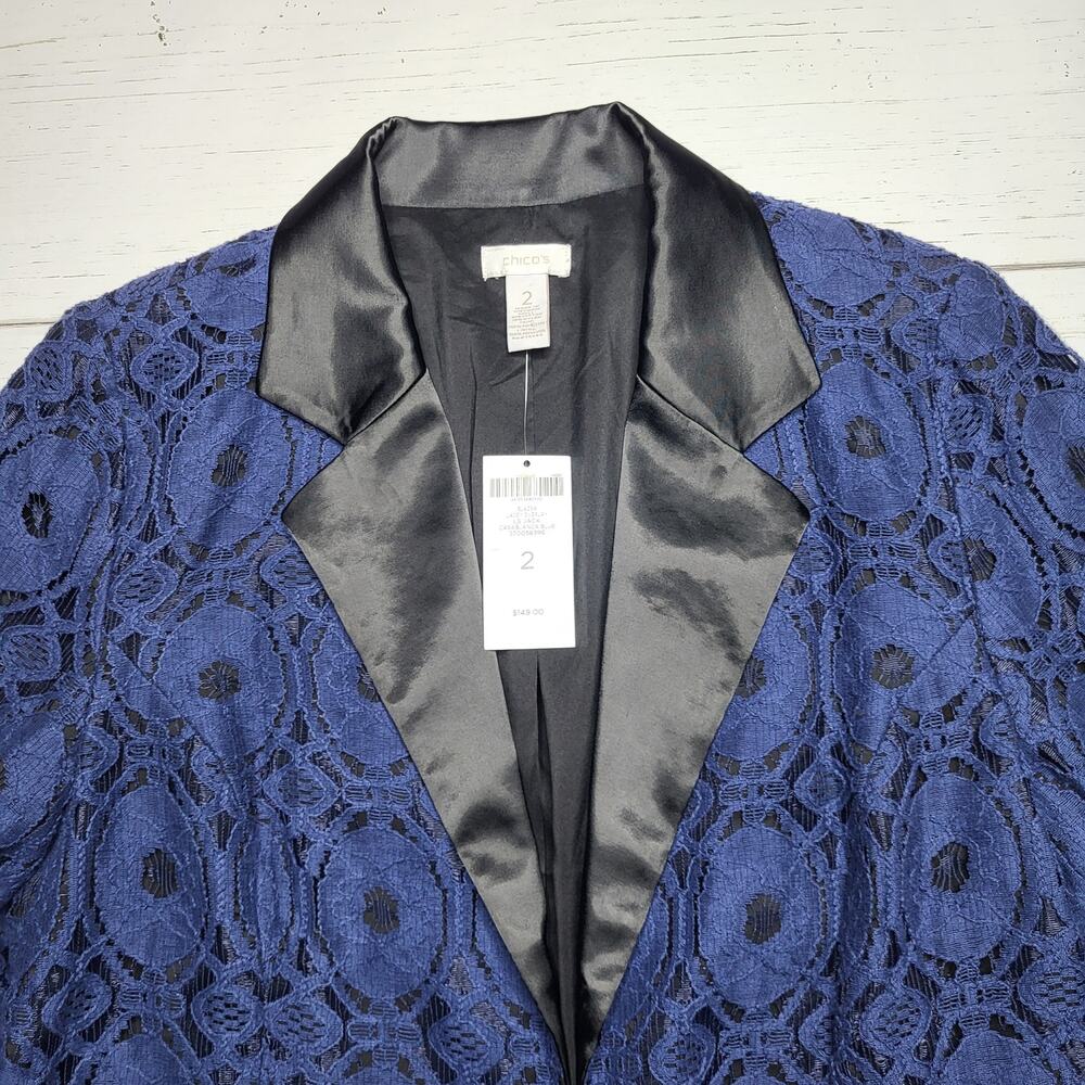 Chico's‎ Lace Overlay Blazer Jacket Casablanca Blue Black Lined Large 12 2 - Picture 3 of 10